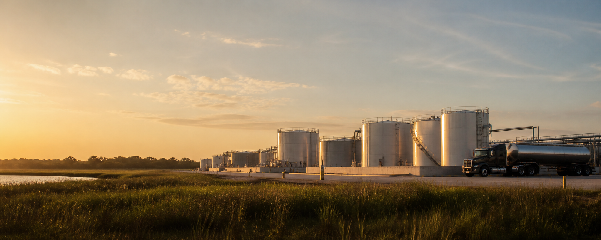 Petroleum storage facility and transport truck at golden hour in South Louisiana